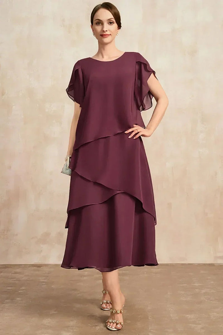 burgundy chiffon tiered dress with ruffled cap sleeves, front view