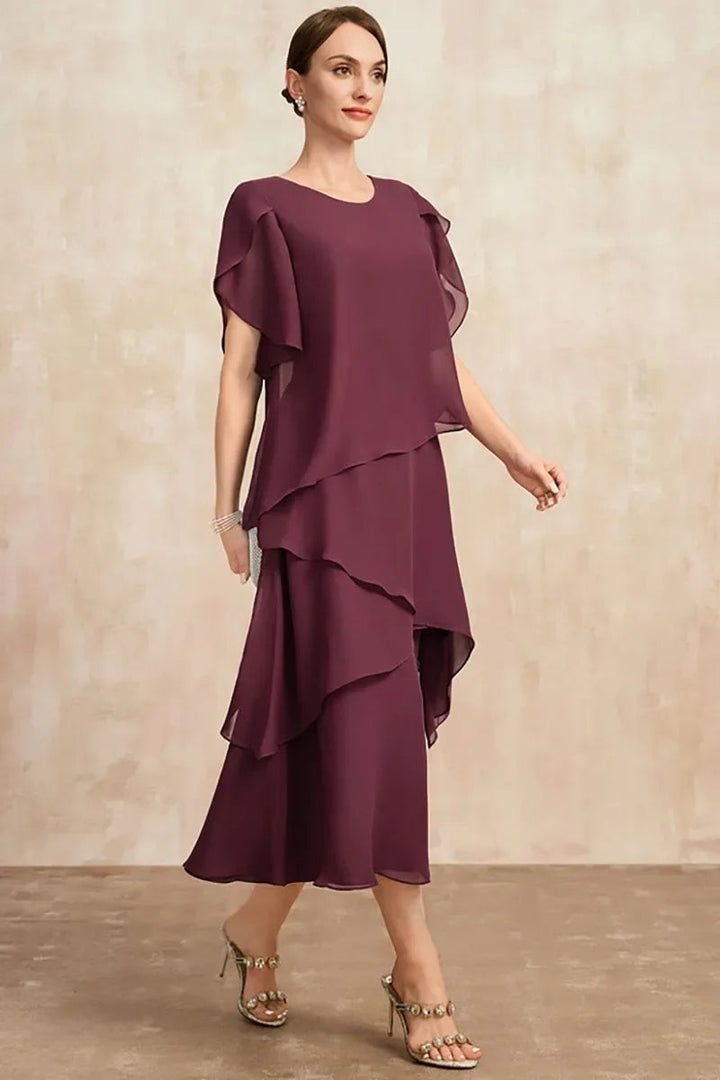 wine chiffon tiered midi dress showing asymmetric layered hemline, side view