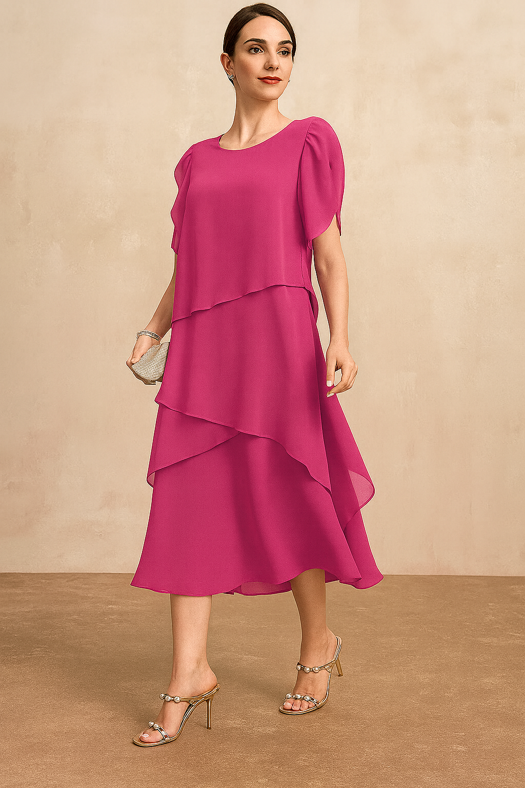 hot pink chiffon tiered midi dress with flutter sleeves, three-quarter view