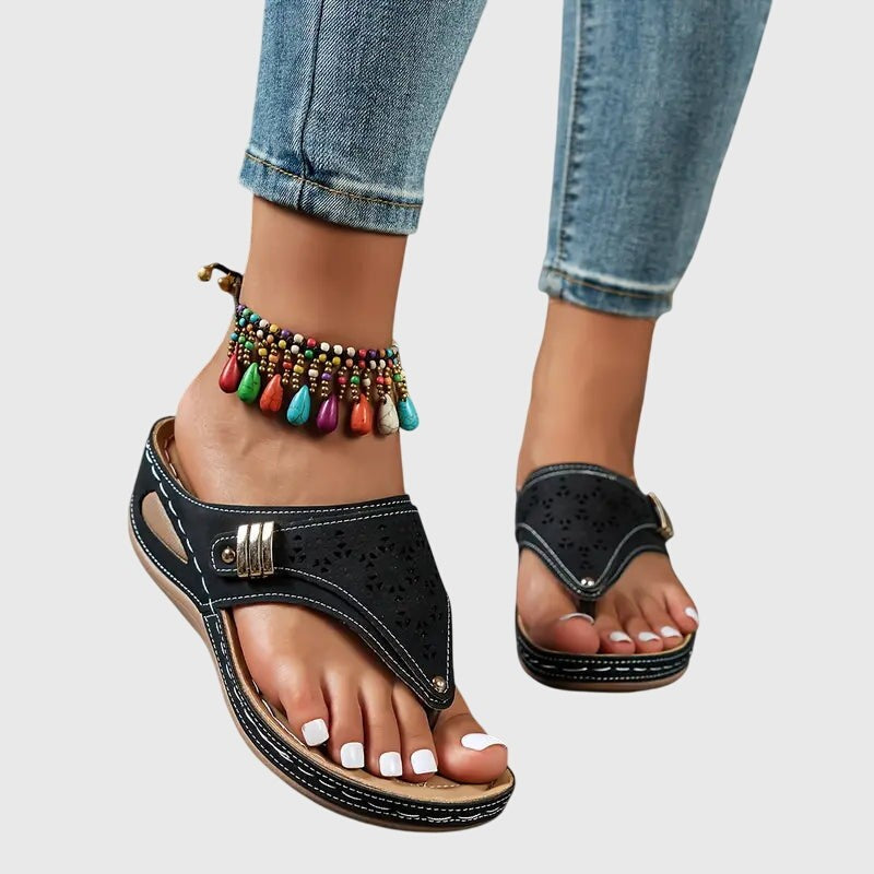 Black toe-ring wedge sandal styled with multicolor beaded anklet accessory