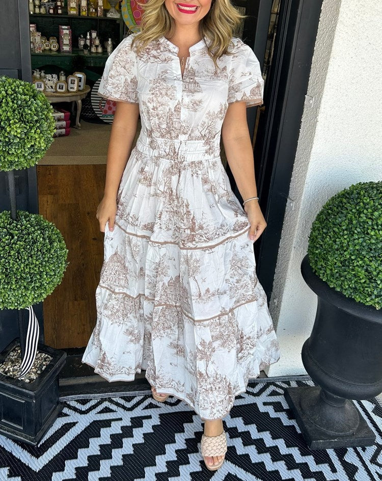 Brown and white toile maxi dress with smocked waist, full front view