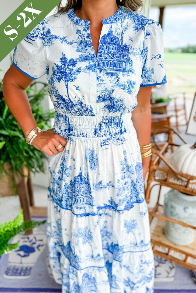 Close-up of blue toile maxi dress showing smocked waistband and puff sleeve detail
