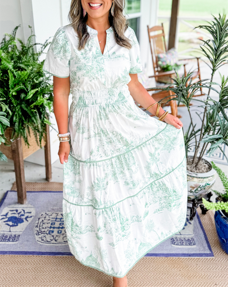 Green and white toile maxi dress with puff sleeves, full front view