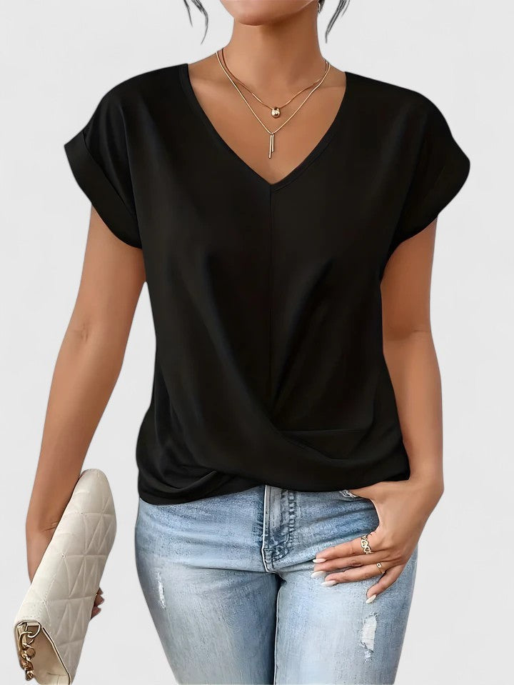 black V-neck top with cap sleeves and twist-front detail