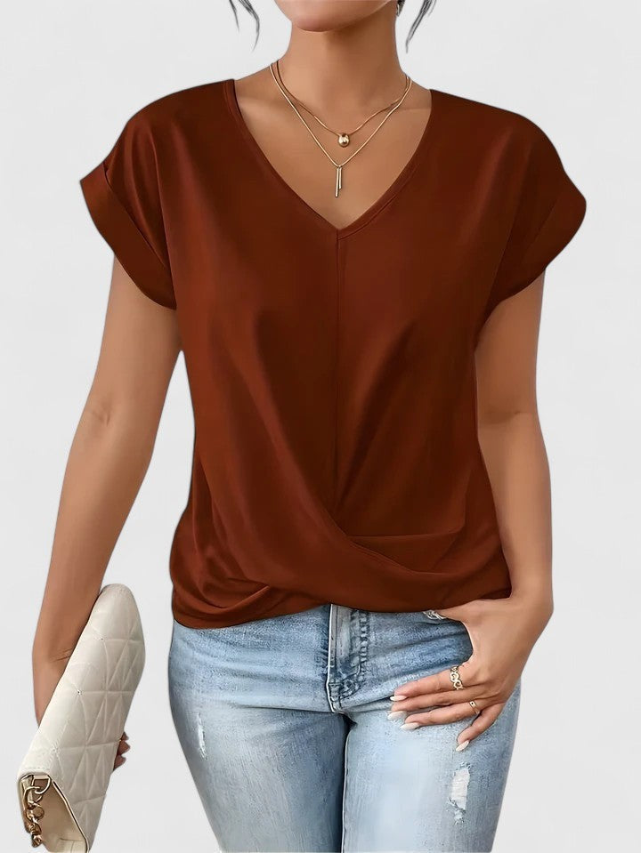 rust brown V-neck blouse with draped twist-front hem
