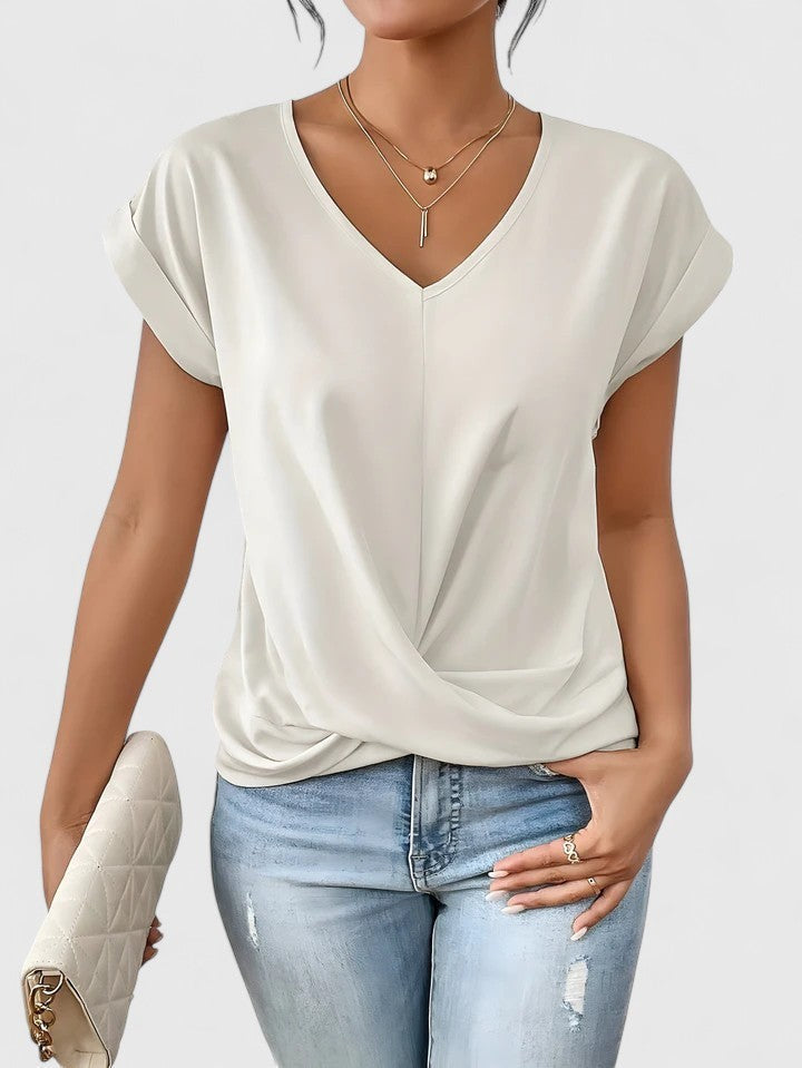 ivory V-neck blouse with twist-front detail and short sleeves