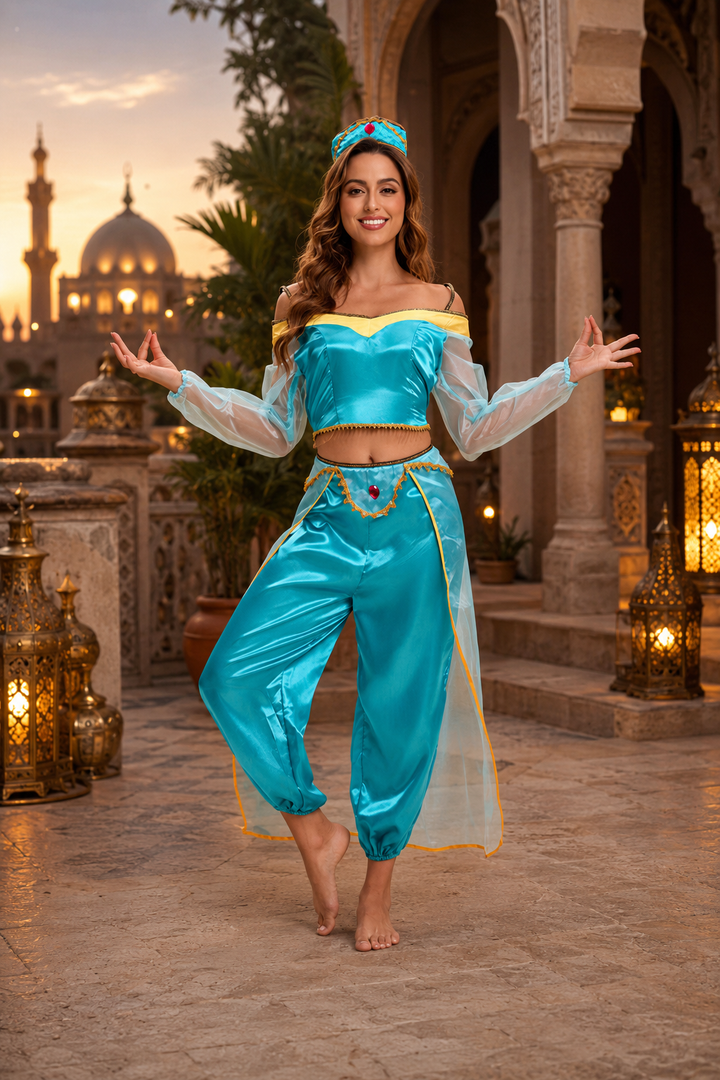 woman poses in turquoise off-shoulder Arabian princess costume with sheer sleeves and crown