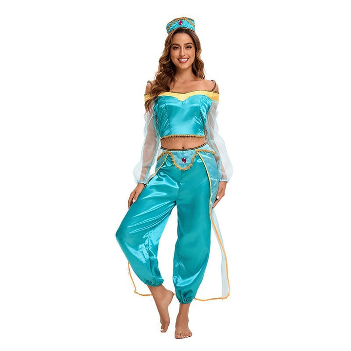 two-piece Arabian princess costume in teal satin with off-shoulder sheer sleeves and crown