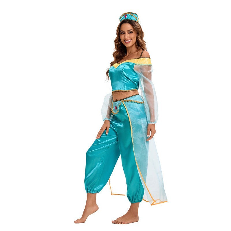 side view of teal harem pant costume with sheer cape detail and matching crown