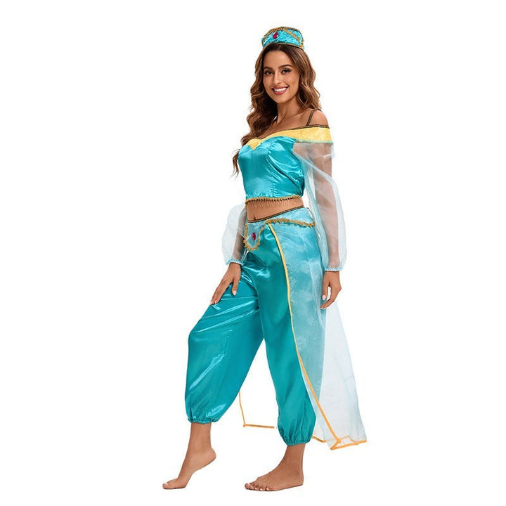 side view of teal harem pant costume with sheer cape detail and matching crown