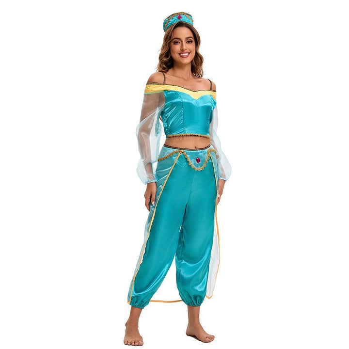 front view of teal off-shoulder crop top and harem pants costume with jeweled crown