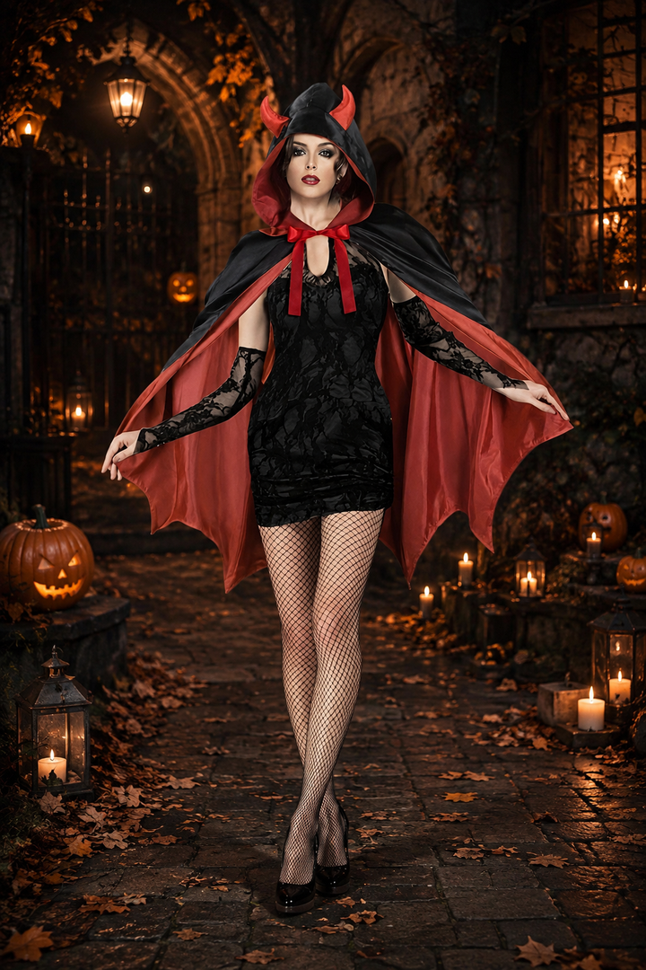 Black lace devil costume dress with red-lined hooded cape and horns