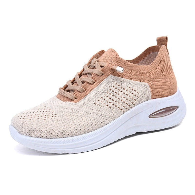 Beige and tan mesh orthopedic sneaker with white platform outsole