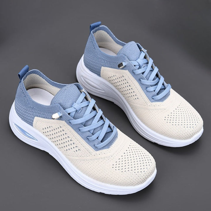 Beige and blue knit slip-on sneakers with lace-up detail and cushioned sole