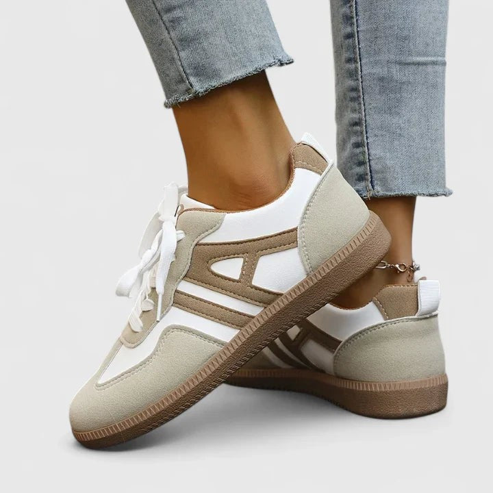 Retro-style low-top sneakers in cream and taupe with contrast side panels