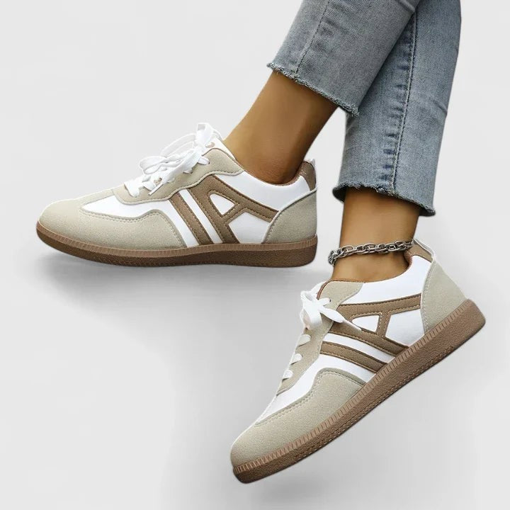 Lace-up orthopedic sneakers featuring white leather panels and tan suede accents