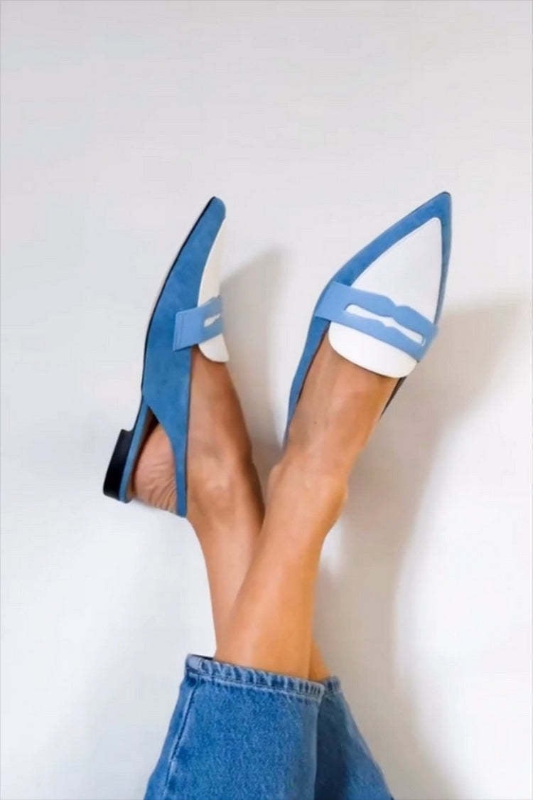Blue suede pointed-toe slingback loafers with white leather panel detail
