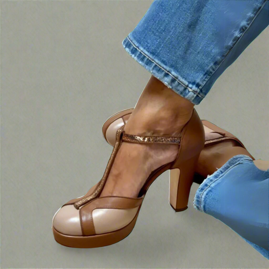 Two-tone brown T-strap heeled sandals with glitter accent strap and platform sole