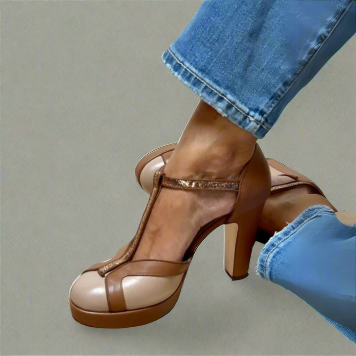 Two-tone brown T-strap heeled sandals with glitter accent strap and platform sole