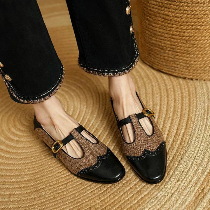 Black leather and tweed T-strap Mary Jane shoes with gold buckle detail