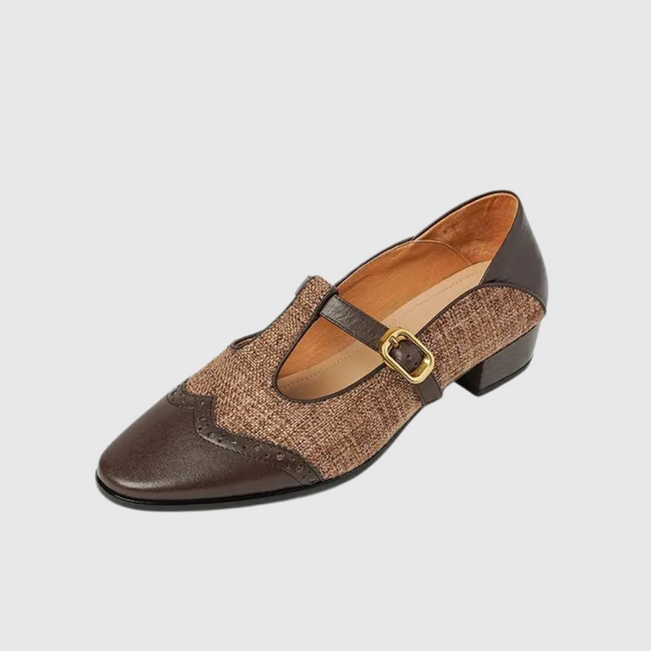 Black and tan tweed T-strap Mary Jane flat with brogue wingtip toe