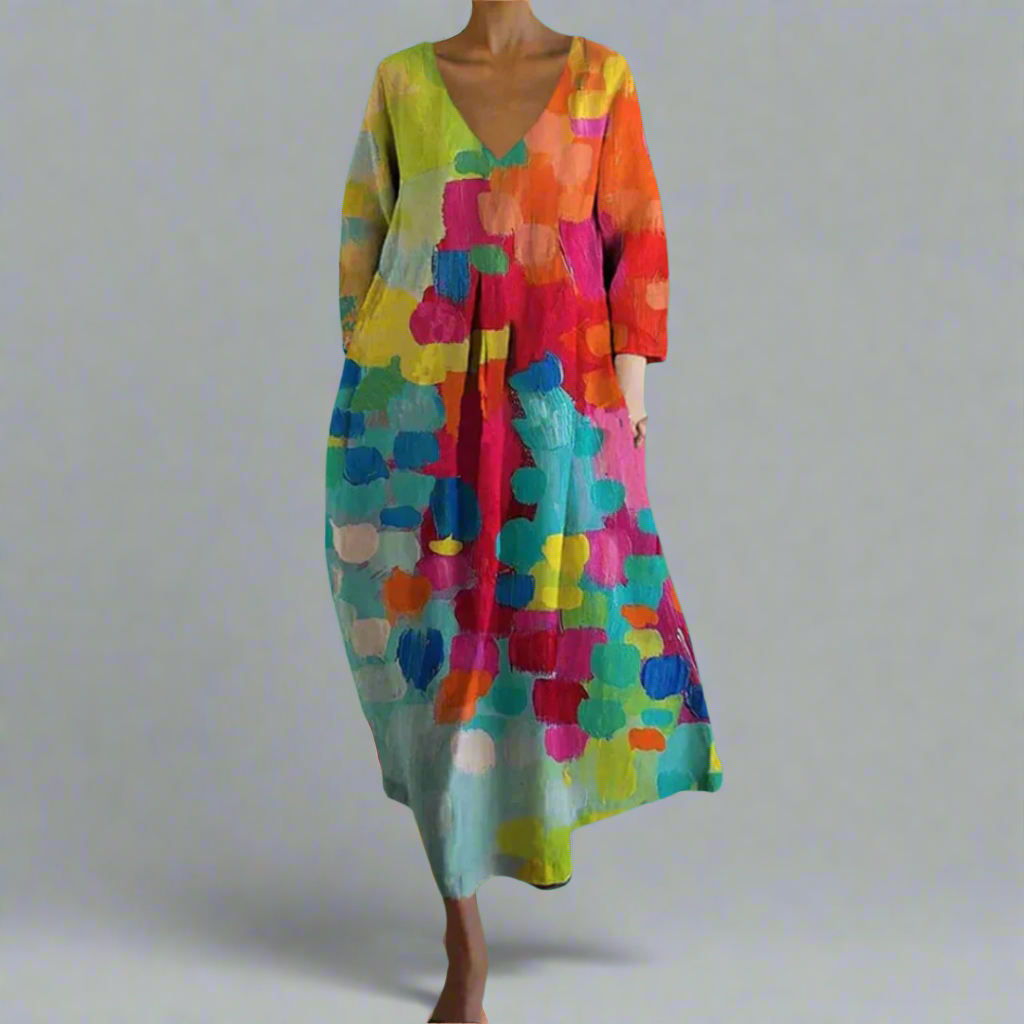 Colorful abstract print maxi dress with V-neck and flowy long sleeves