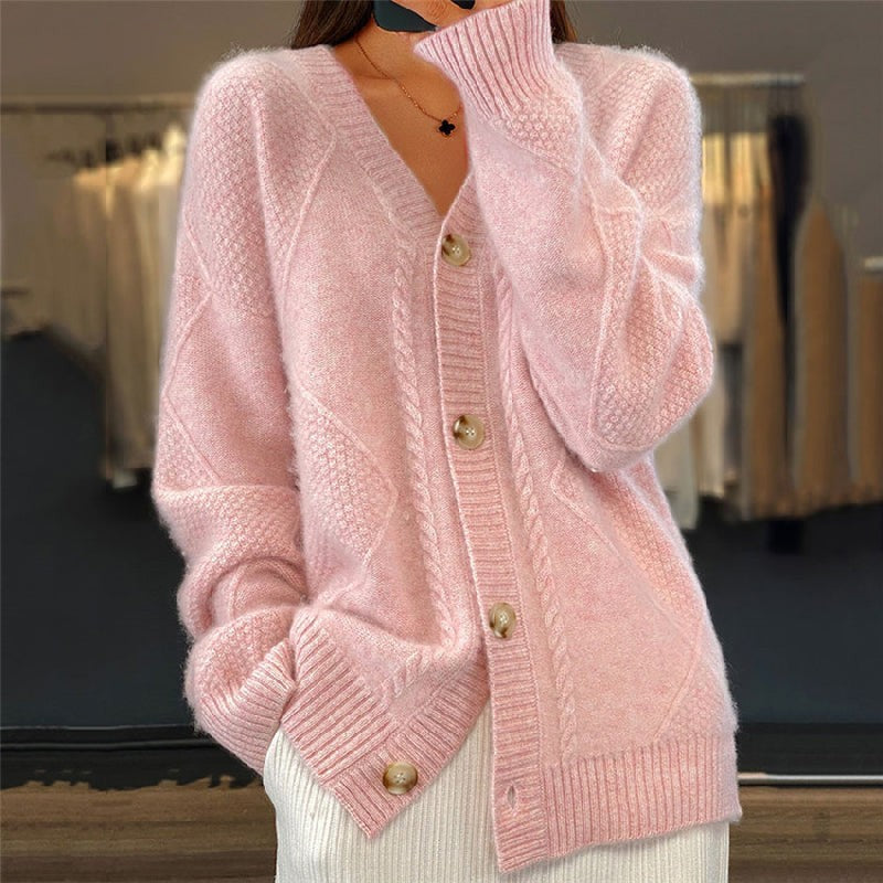 Blush pink cable-knit cardigan with button-front and V-neck detailing