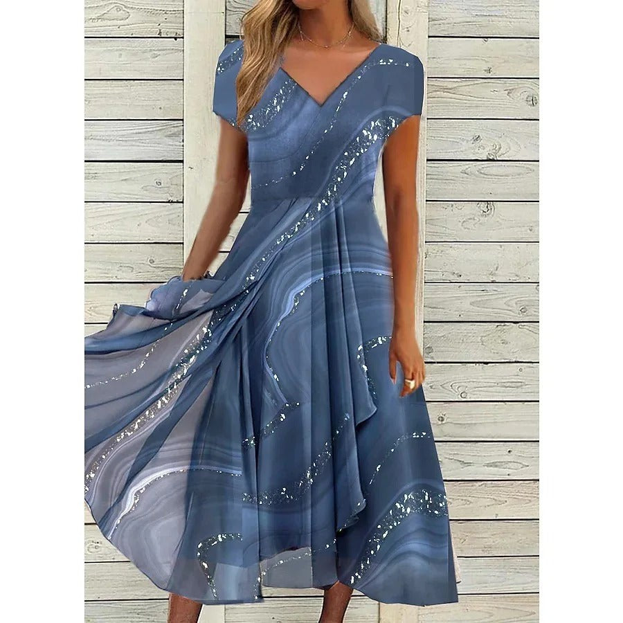 blue marble-print midi dress with V-neck and sequin swirl detail