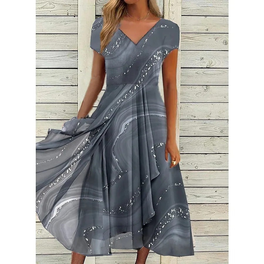 gray marble-print V-neck midi dress featuring metallic swirl accents