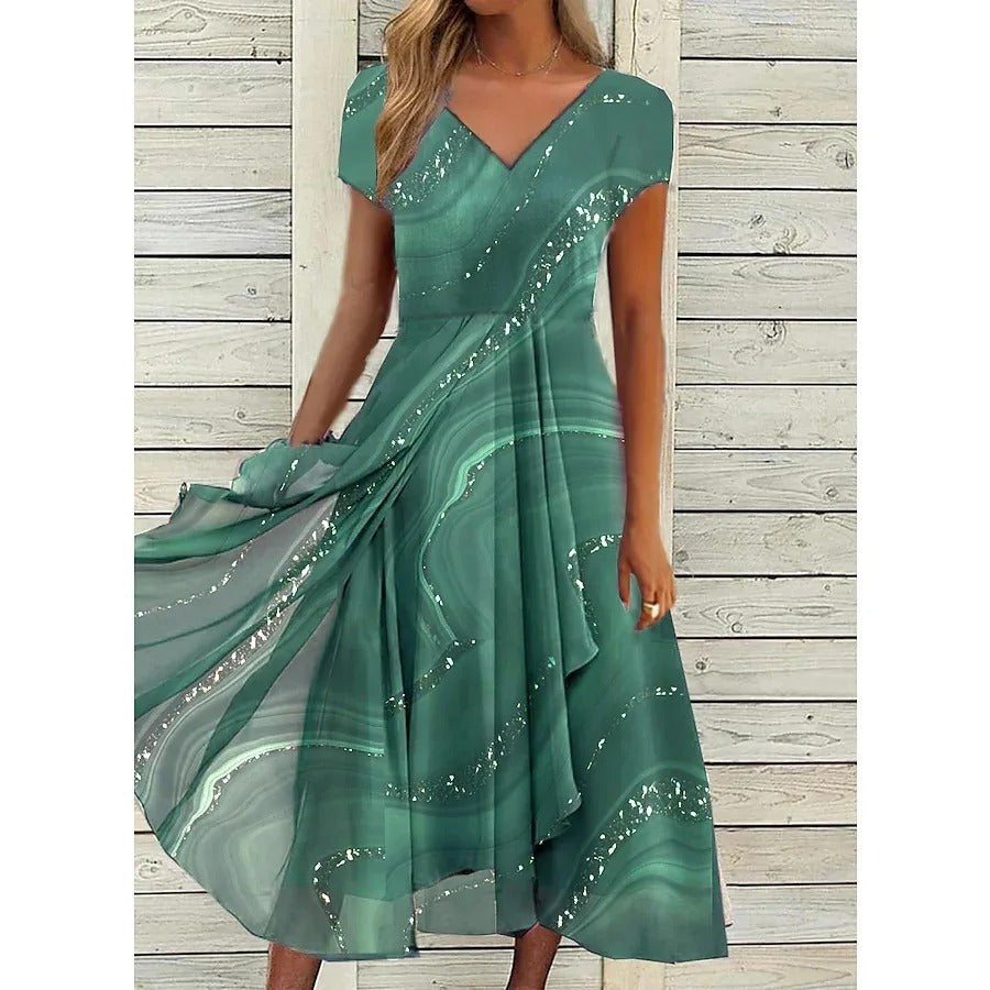 green marble-print midi dress with V-neck and shimmering wave design