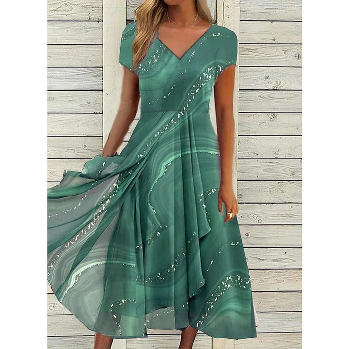 green marble-print midi dress with V-neck and shimmering wave design