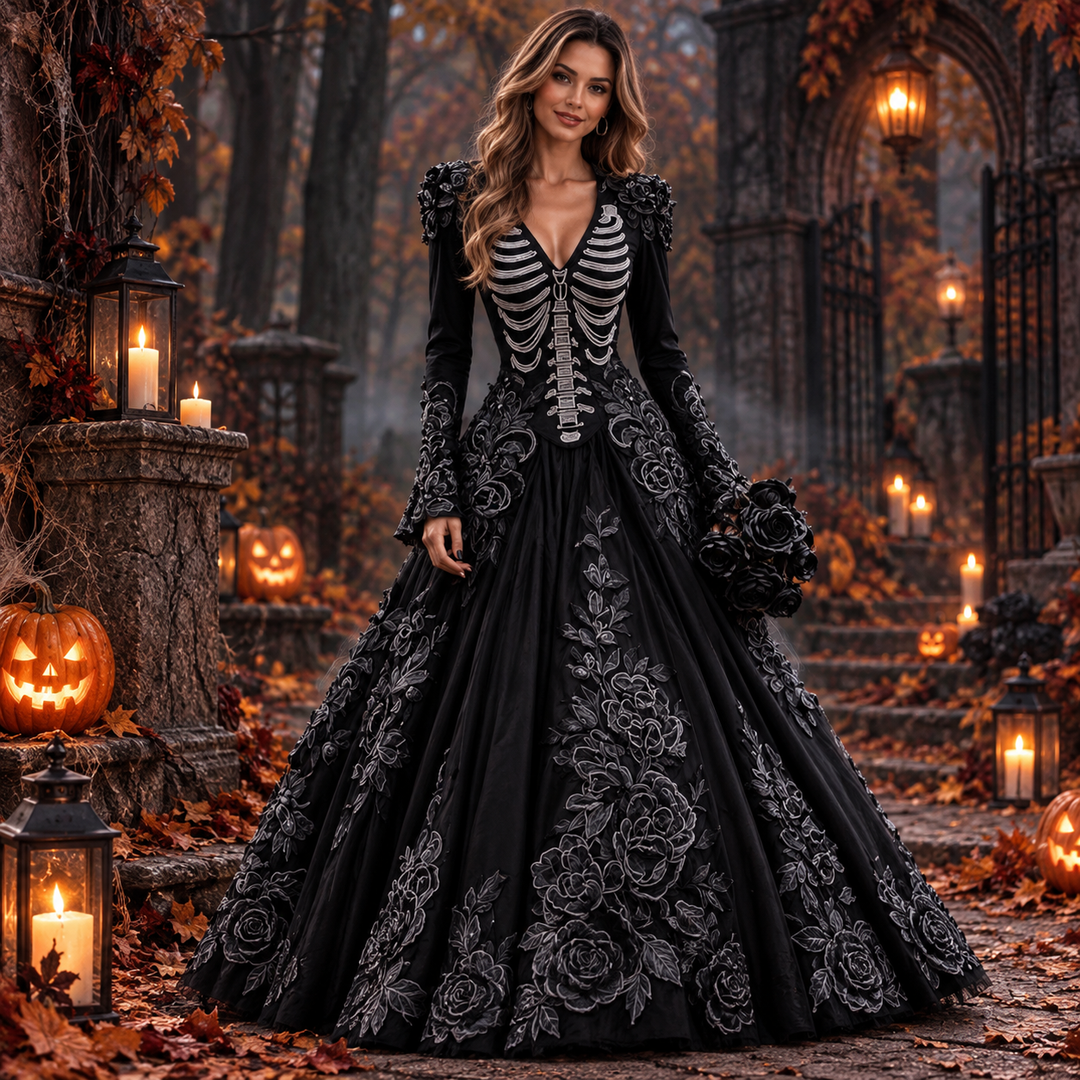 Woman wearing black skeleton embroidered A-line gown with floral lace details in Halloween setting