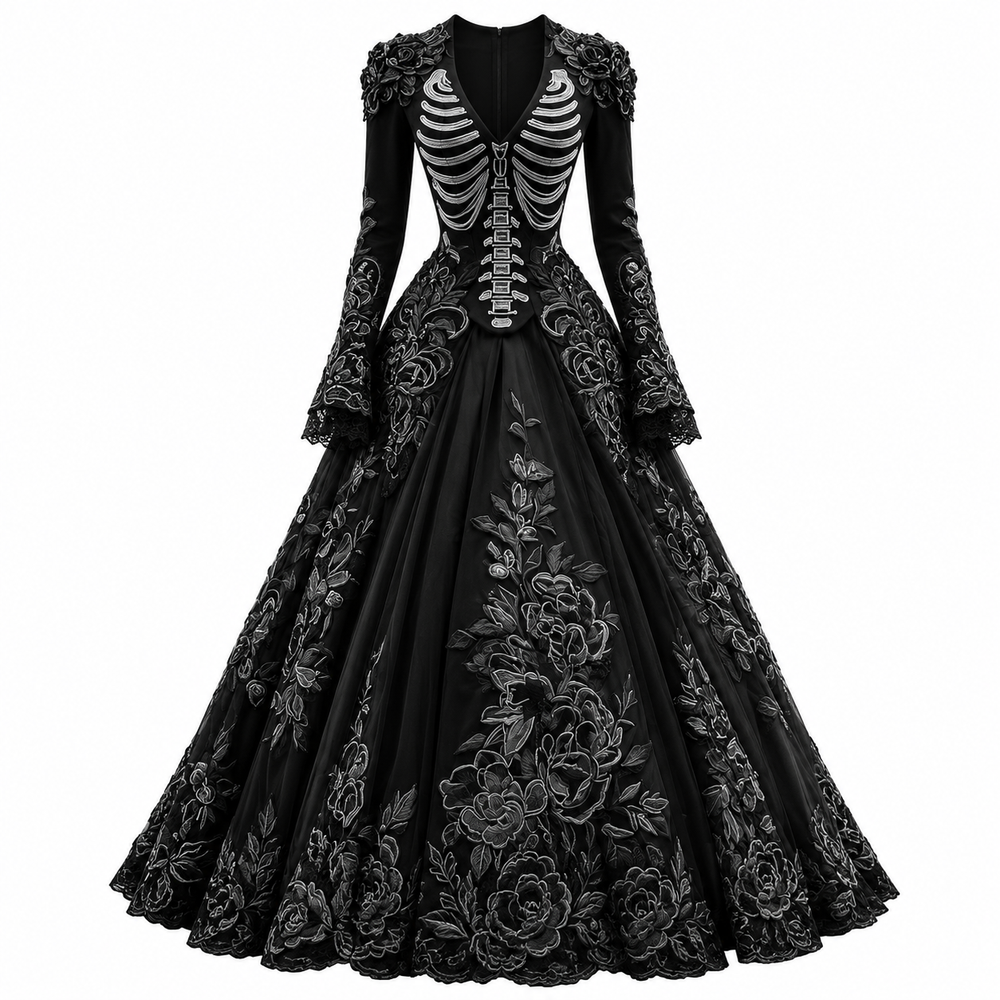 Black long-sleeve gothic gown with skeleton rib embroidery and floral appliques on white background