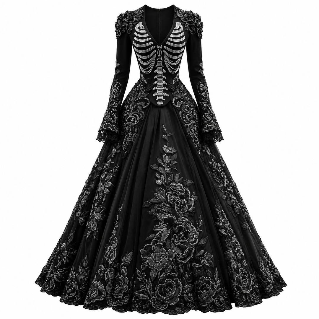 Black long-sleeve gothic gown with skeleton rib embroidery and floral appliques on white background
