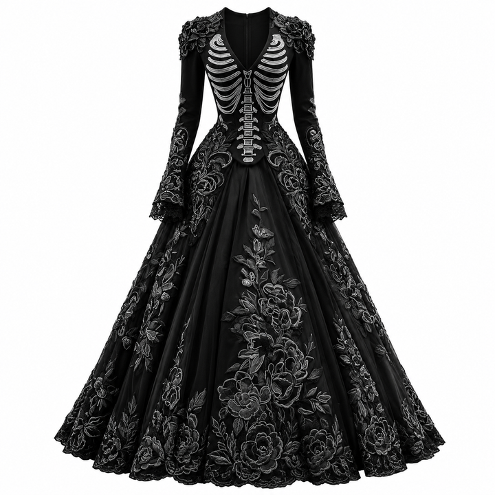 Black long-sleeve gothic gown with skeleton rib embroidery and floral appliques on white background
