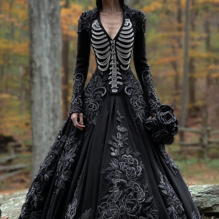 Close-up of skeleton print bodice on black A-line gown with rose lace embellishments outdoors