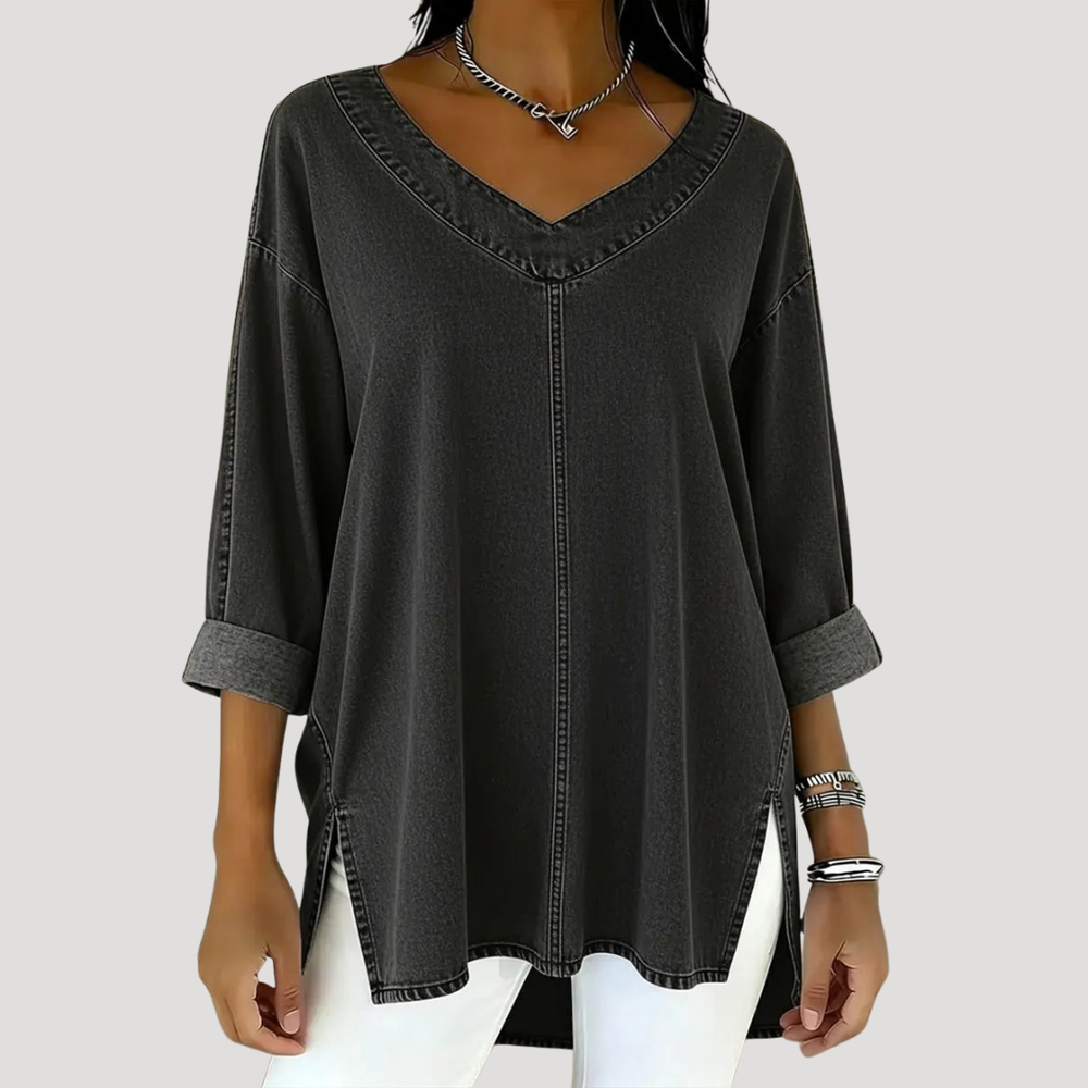 Charcoal gray relaxed V-neck tunic top with cuffed long sleeves