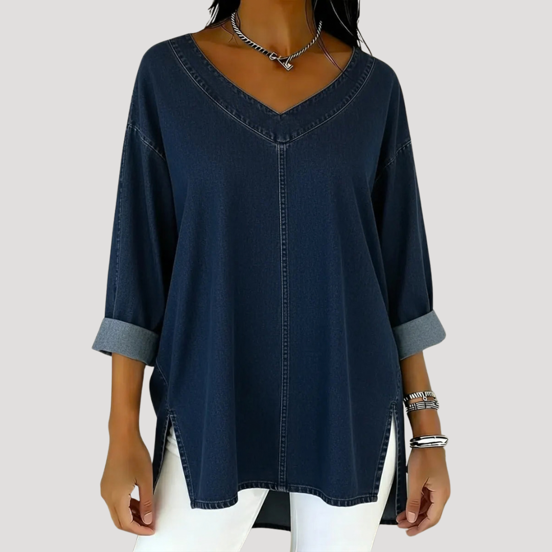 Navy blue V-neck oversized tunic top with side slit hem