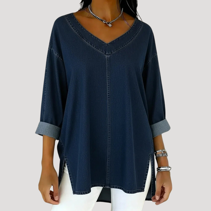 Navy blue V-neck oversized tunic top with side slit hem