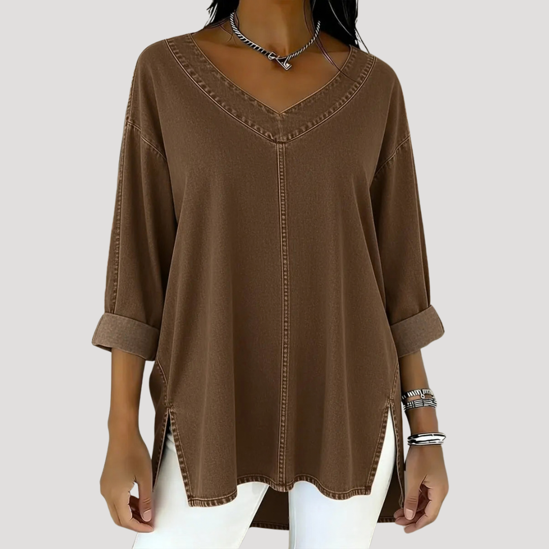 Brown V-neck relaxed fit tunic top with rolled cuff sleeves