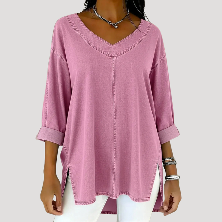 Dusty pink oversized V-neck tunic top with high-low side slits