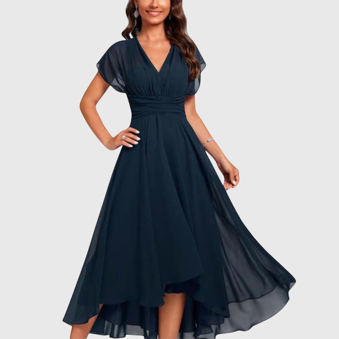 Navy blue V-neck A-line dress with flutter sleeves and high-low chiffon hem