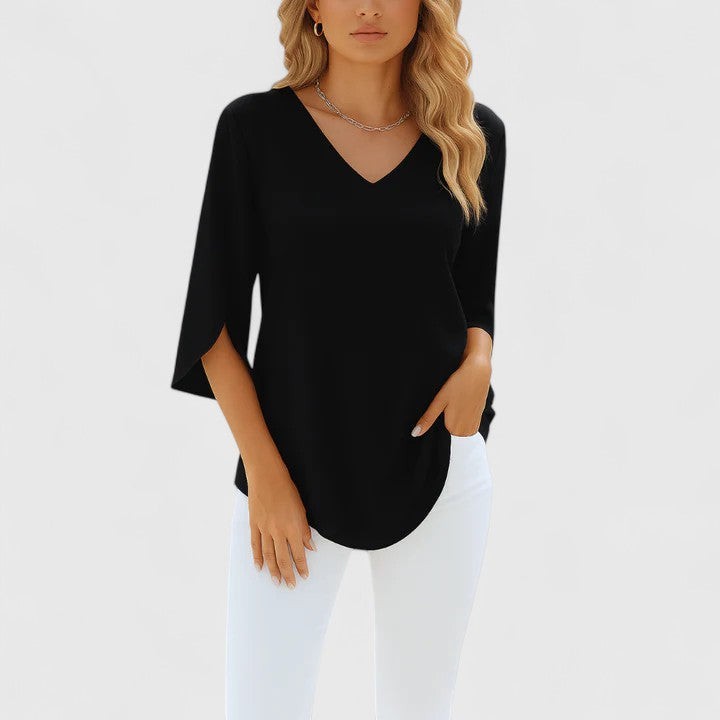 Black V-neck blouse with split three-quarter sleeves and curved hem