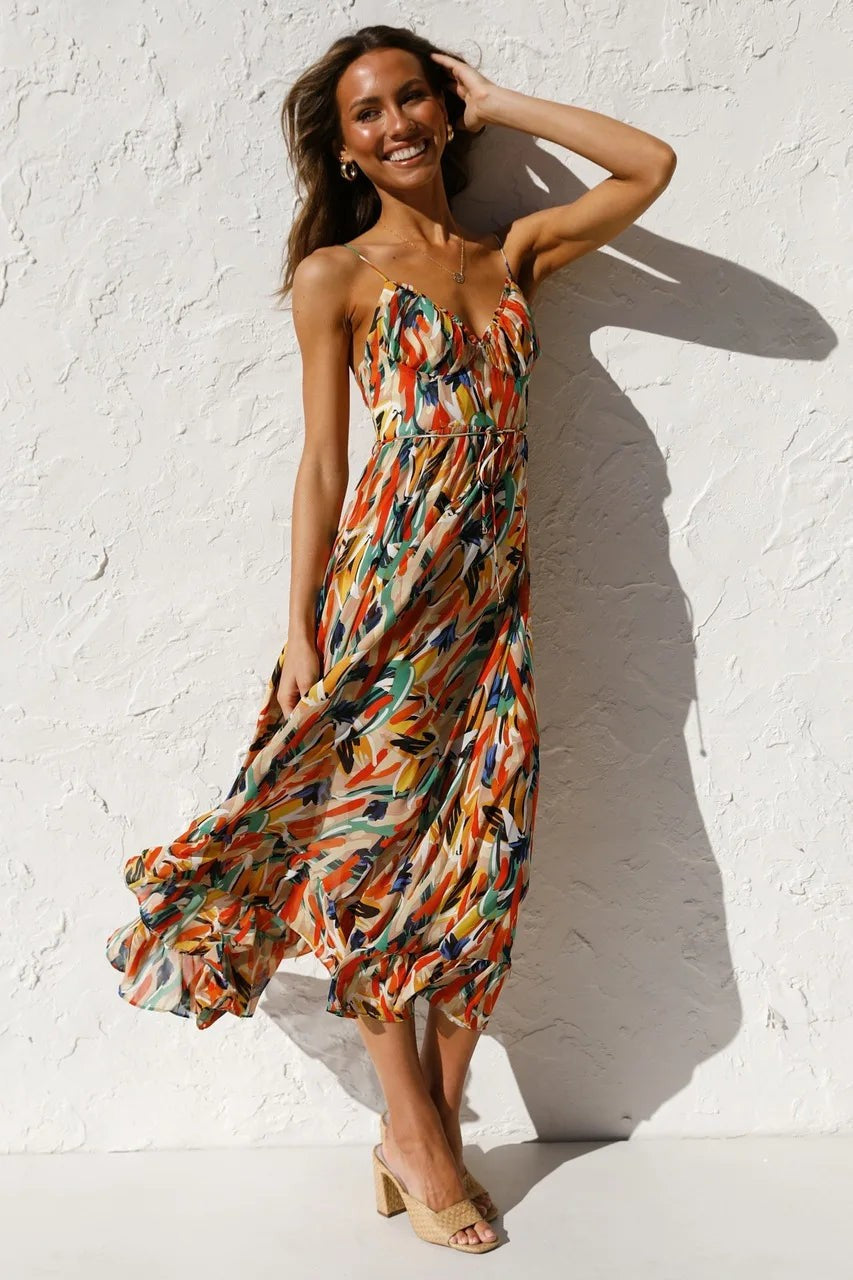Multicolor abstract print maxi dress flowing with ruffled hem detail