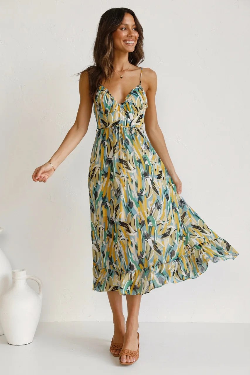 Green and yellow abstract print midi dress with tie waist detail