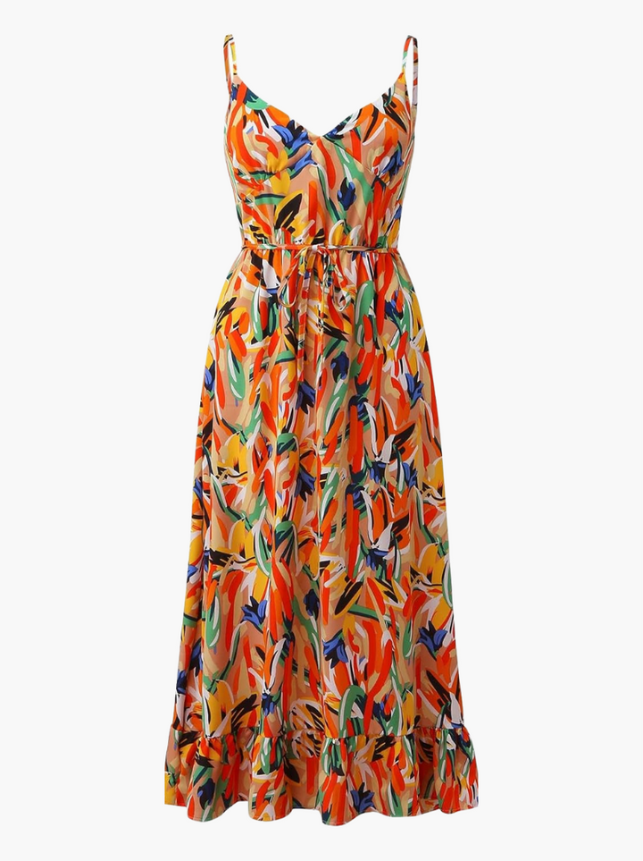 Sleeveless abstract print midi dress on plain background, front flat lay style