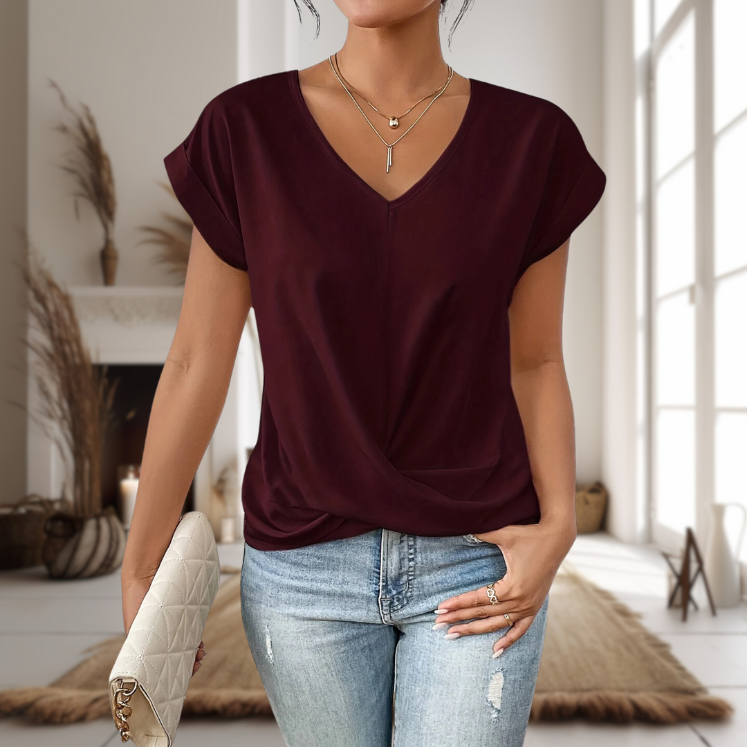 Burgundy V-neck T-shirt with twist front detail and cap sleeves