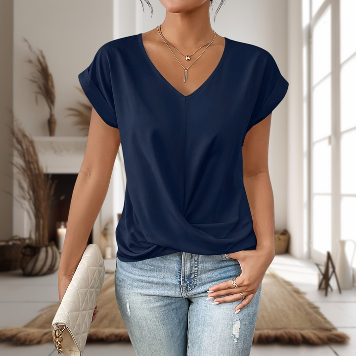 Navy blue twist-front T-shirt with V-neckline and short sleeves