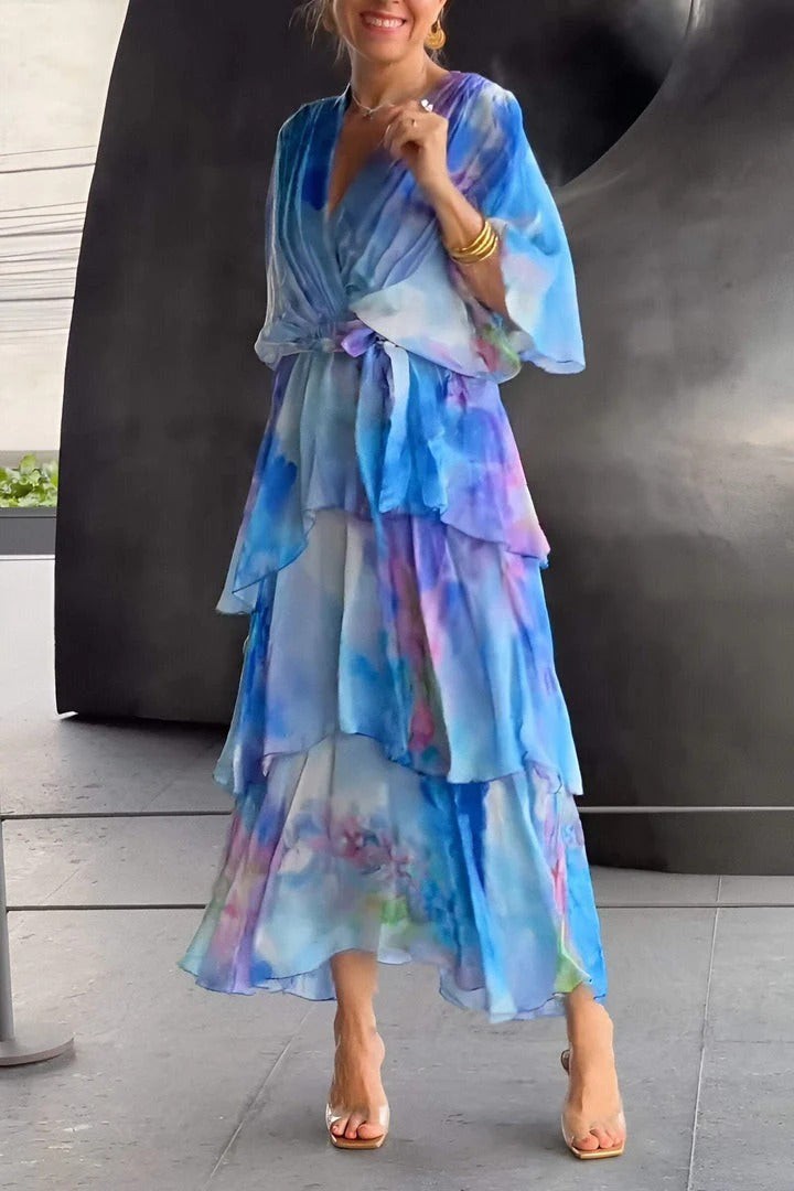 Belted chiffon maxi dress in blue floral print with tiered ruffle skirt