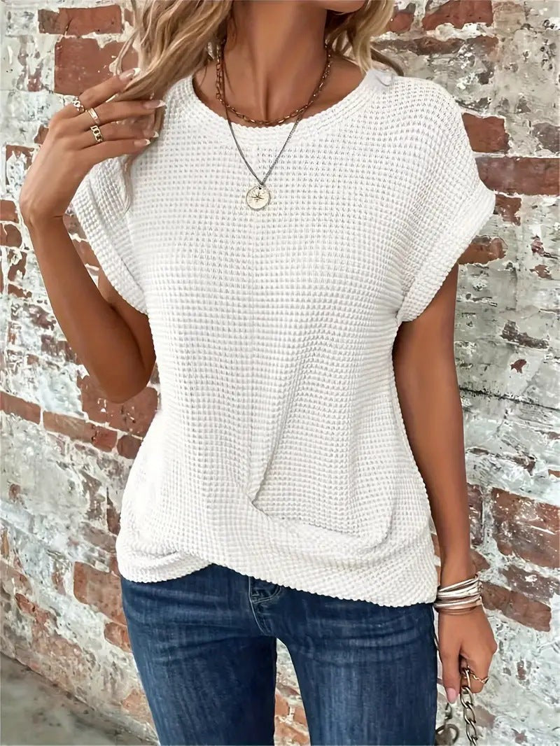 White waffle knit tee with twist-front hem and cap sleeves